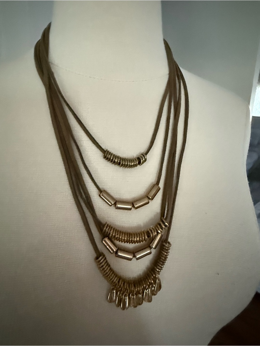 Chicos multi strand metal leather cord statement necklace